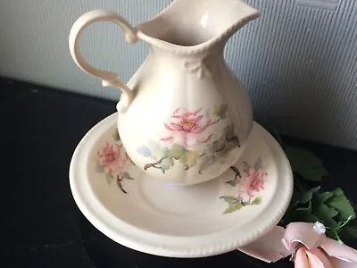 Buy Small Jug & Wash Bowl Set Beige Ceramic Flowers Pitcher & Wash Basin 600ml • 12£