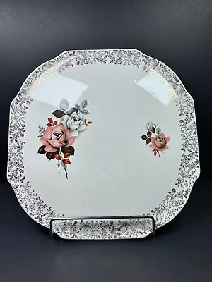 Buy Lord Nelson Pottery Cake Plate Roses Dusty Pink Gold England 1968 Vintage • 22.09£
