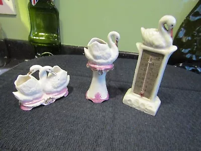 Buy Trio Of Vintage China White Swan Ornaments (Pink/Gilt) + Thermometer (Foreign) • 3£