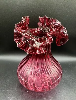 Buy Vintage Fenton Art Glass Vase Cranberry Red Ruffled Edge Swirl Body • 46.22£