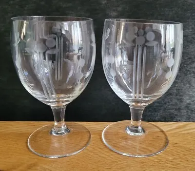 Buy 2 X Vintage Antique ETCHED Wine Glasses VICTORIAN EDWARDIAN Height 8.5cm • 42.50£