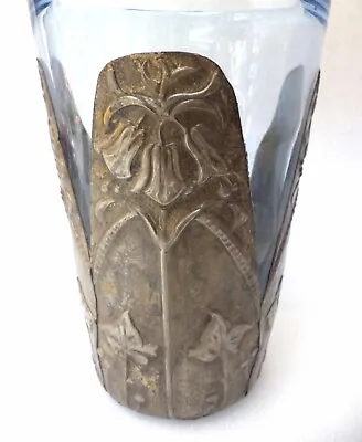 Buy French  Art  Nouveau  Blue  Glass  Bowl  Vase  Metal  Applique  Arts  & Crafts • 125£