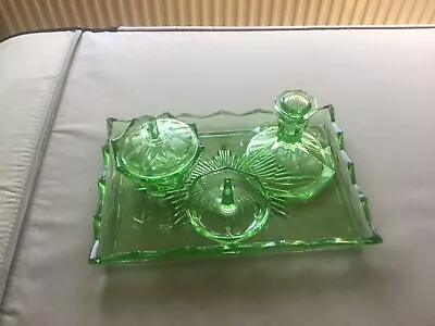 Buy Vintage  Green Glass Vanity Set Tray,Ring Holder, Candle Stick + Bowl • 15£