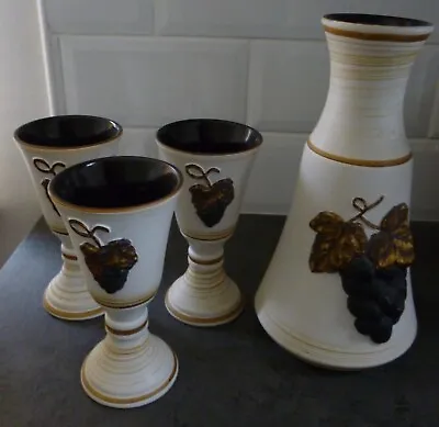 Buy Vintage The Monastery Cinque Ports Rye Pottery Carafe & 3 Goblets Grape Vine • 39.99£