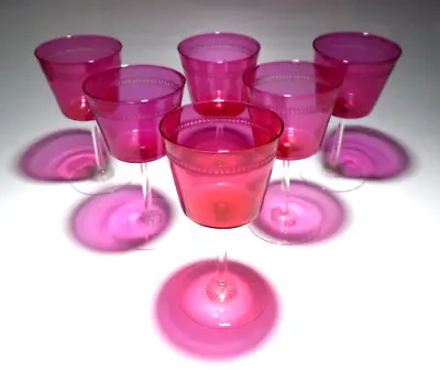 Buy 6 X Antique Cranberry Glass Wine Glasses, Etched Dotted Band, Star Cut Feet • 69.95£
