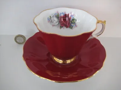 Buy Queen Anne Bone China Deep Ruby Red White Roses Design Ornate Tea Cup And Saucer • 27.99£