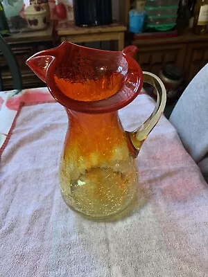 Buy Antique 8.5  Tall Amberina Crackle Glass Pitcher W/ Ruffled Top & Pinched Spout • 28.93£