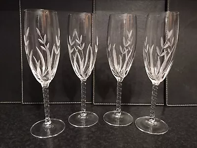 Buy Set Of 4 Crystal Etched Champagne Glasses With Twisted Stem Beautiful Set • 18£