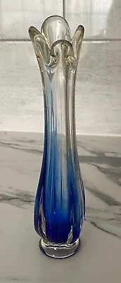 Buy Vintage Heavy  Art Glass Swung Stretch Vase  Blue / Clear 10.5  / 27 Cm Tall  • 14£