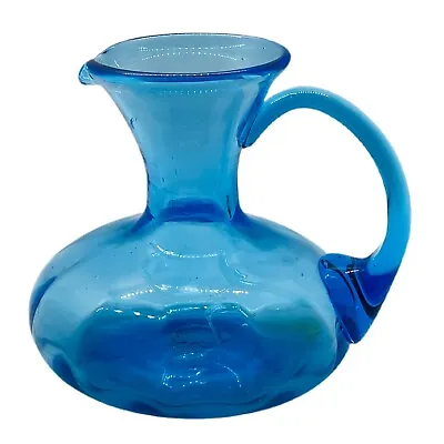 Buy Art Glass Pitcher Vase Cobalt Blue Aqua Handblown Jug Pontil Applied Handle 6  • 18.86£