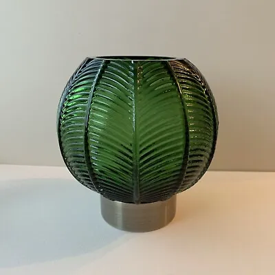 Buy Large Green Glass Round Candle Holder Garden/Indoors Decorative Palm Leaf 16cm • 12.50£