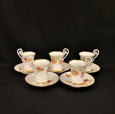 Buy Limoges T&V 5 Chocolate Cups Saucers HandPainted #6326 Carnations Gold 1892-1907 • 471.13£