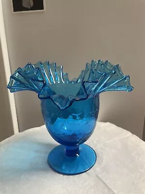 Buy Blenko Azure Blue Crackle Glass Vase #388  Vintage • 28.77£