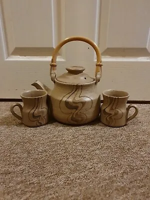 Buy Vintage Barbara Davidson Larbert Pottery Bamboo Handle Tea Pot & Two Mug Set • 30£