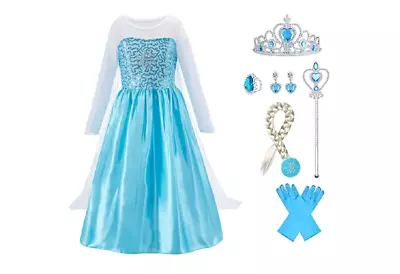 Buy LB Princess Elsa Dress Set Girl Party Costume Fancy Outfit Crown Wand Gloves UK • 14.99£