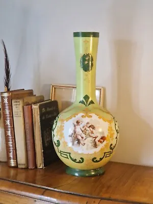 Buy Antique Victorian 'Bristol' Opaque Uranium Bohemia Glass Enamelled Cherub Vase • 49.99£
