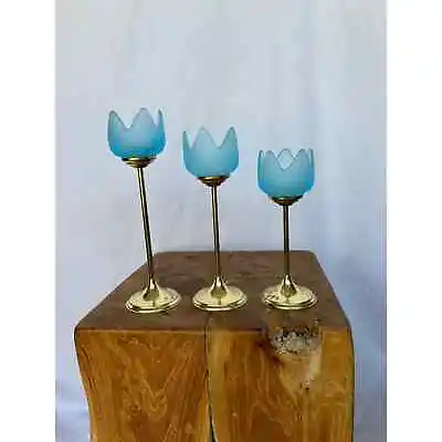 Buy Vintage Brass & Blue Frosted Glass Tulip Candle Holders Fairy Lamps, Set Of 3 • 26.49£