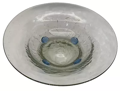 Buy Blenko Large  Mid Century Modern Crackle Glass Bowl W/ Applied Blue Prunts Retro • 46.99£