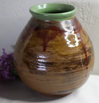 Buy Art Pottery Vase Crock Green Brown Mid Century MCM Drip Glaze Signed By Artist • 50.25£