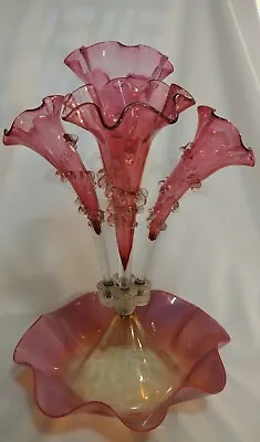 Buy Antique Cranberry Glass Epergne 4 Horn Vase W/ Clear Rigaree • 337.33£