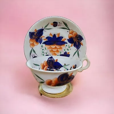 Buy Antique Gaudy Welsh Swansea Teacup & Saucer Cobalt Blue Rust Pink Lusterware • 20.99£