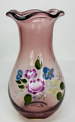 Buy Fenton Glass Vase For Teleflora Amethyst Hand Painted Flowers Ruffled Edge 8.5” • 11.75£