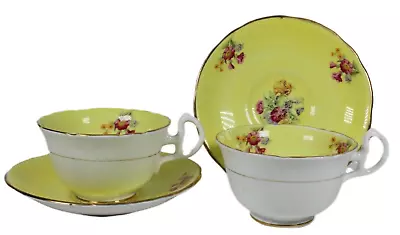 Buy A Pair Royal Stafford Yellow Tea Cup & Saucer Set Bone China Floral Pink~Purple • 8£
