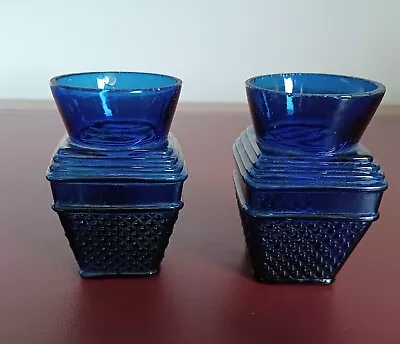 Buy Pair Of Antique Cobalt Blue Small Glass Vases Hobnail Pattern, Pontil Marks, 8cm • 22£