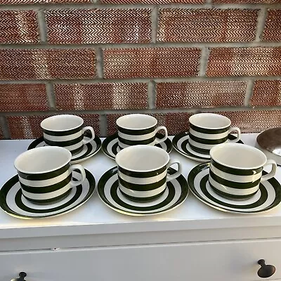 Buy T G Green Cornishware 6x Cups & Saucers - Adder Green & White Striped - Rare • 50£