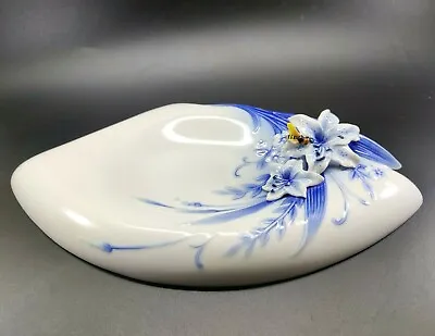 Buy OOK Franz Porcelain Bee & Flowers Fan Shaped Trinket Dish Tray Cobalt Blue White • 401.30£