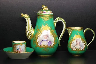 Buy French Sevres Style Pot Creamer Cup Saucer With Portraits Watteau Scene 19th C • 4,706.45£