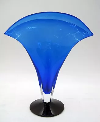 Buy Richard Blenko Signed Hand Blown Cobalt Blue & Amethyst Glass Fan Vase 1998 • 125.30£