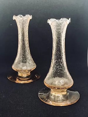 Buy Set Of Two Mini Vintage Crackle Glass  Clear Pink Bud Vases. MCM Ruffle Top • 19.04£