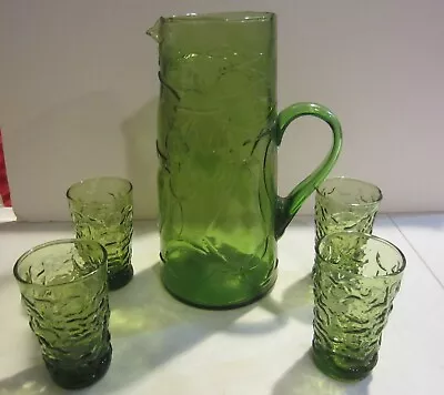 Buy Vintage  Green Glass Pitcher And Juice Glasses / MCM • 70.82£