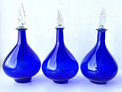 Buy Vintage X 3 Glass Round Cobalt Blue Apothecary Perfume Bottles & Leaf Stoppers • 35£