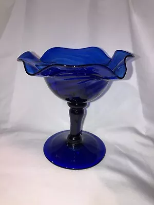 Buy Gorgeous Colbalt Blue Pedestal Glass With Ruffled Edge 5.5” Tall • 12.46£