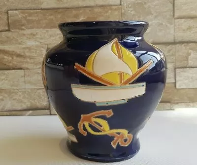 Buy  Studio Pottery Vase Night Blue Glaze Hand Made Wheel Thrown Carved Boats Anchor • 9.08£