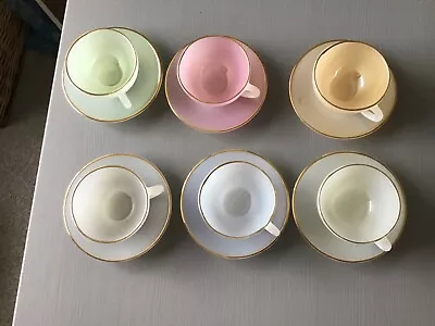 Buy Vintage French Arcopal Harlequin Cups & Saucers In Pastel Colours With Gold Rims • 50£
