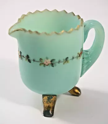 Buy Antique Victorian-Style Turquoise Milk Glass Jug On 3 Feet With Painted Border. • 12.50£