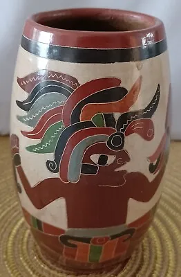 Buy CENTRAL AMERICAN ART POTTERY VASE W/Etched Polychromatic Natives • 24.65£