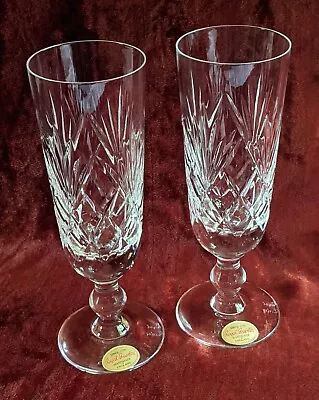 Buy Pair Vintage Signed Royal Brierley BRAEMAR Crystal Champagne Flutes W/Labels X2 • 24.99£