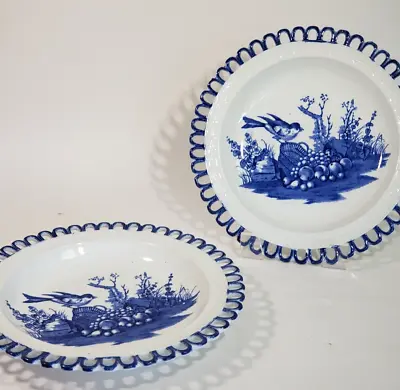 Buy 2 Antique English Pearlware Blue & White Transferware Reticulated Bowls W Bird • 150.12£