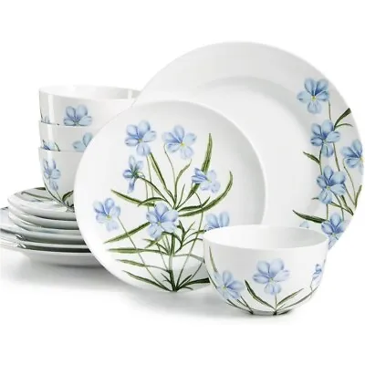 Buy Martha Stewart 12pc Dinnerware Set White Porcelain Blue Floral Service For 4 • 56.33£
