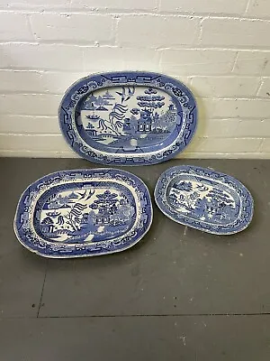 Buy 3x Large Antique Willow Pattern Staffordshire Stone China Platter Blue & White • 89£