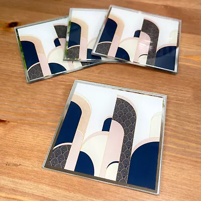 Buy Art Deco Coasters Set Of 4 Glass Colour Abstract Shape Square Table Drinks Mats • 7.99£