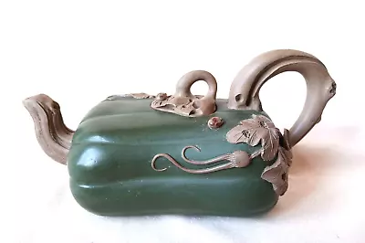 Buy Unusual Chinese Green Pepper Shaped Clay Teapot W Brown Leaves & Handle Unmarked • 21.82£