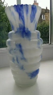 Buy Bohemian Art Deco Blue And White Marbled Glass Vase • 24£