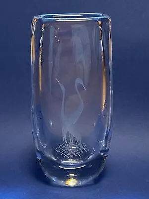 Buy Vicke Lindstrand Swedish Crystal Vase Etched Art Heron Birds LG3621 Vintage MCM • 37.88£