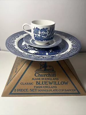 Buy 2 Nib Churchill Classic Blue Willow 3 Piece Set Dinner Plate Cup & Saucer • 18.97£