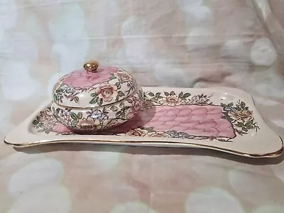 Buy Maling Rosine Pink & Cream Floral Tray & Trinket Pot Vintage Lustre Pottery  • 25£